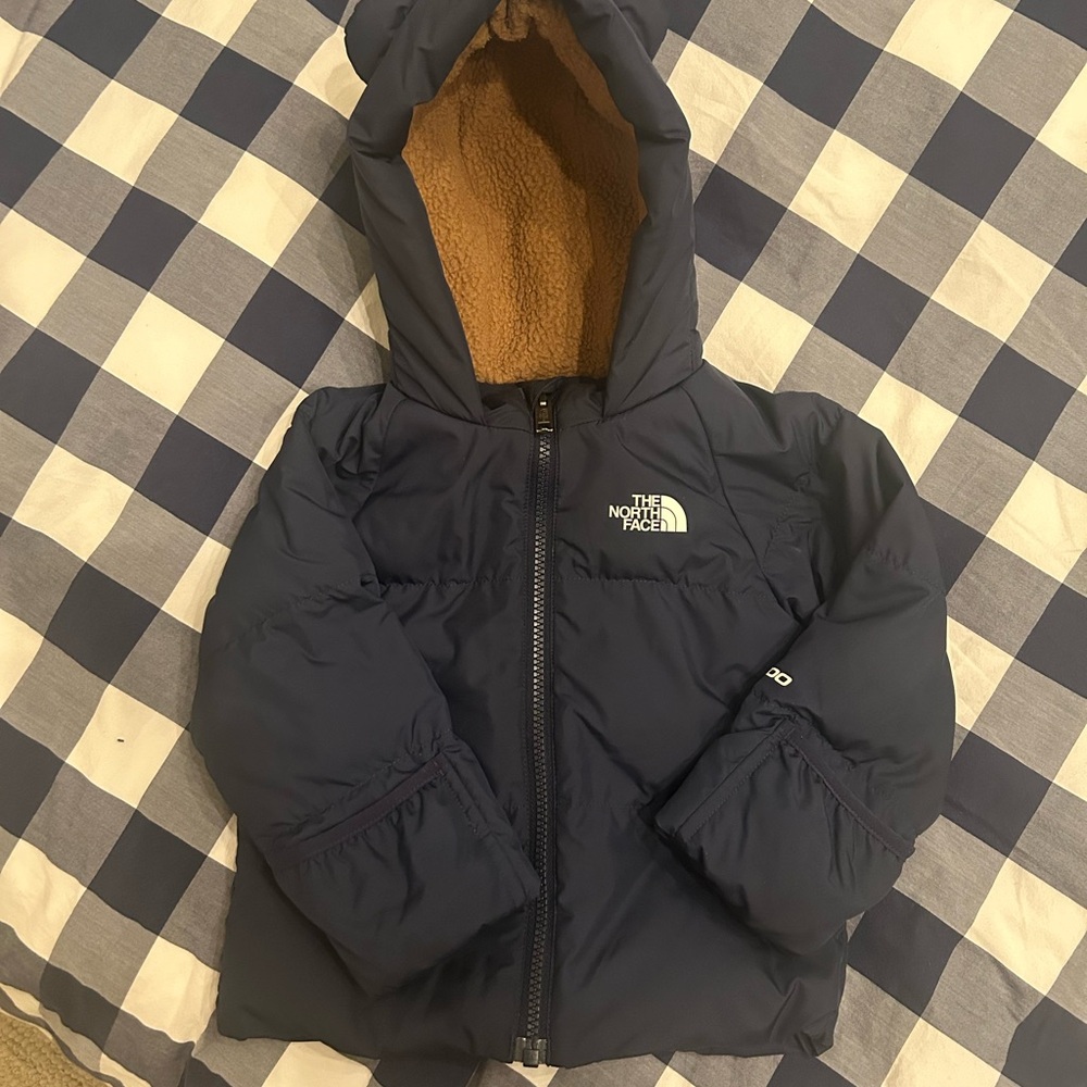 The North Face Kids Navy Puffer Jacket with Brown Sherpa Hood Lining